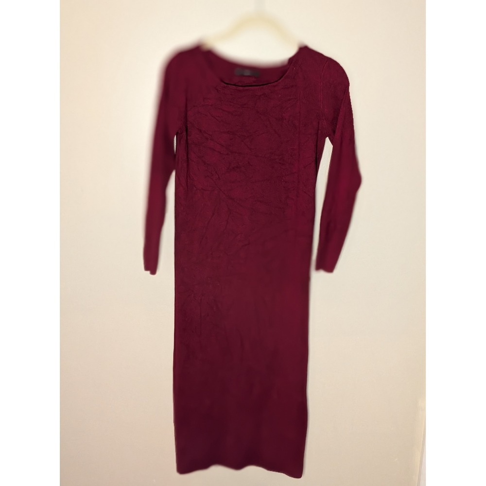 Zara Knit Burgundy Red Textured Long Sleeve Midi Sweater Dress Womens Large